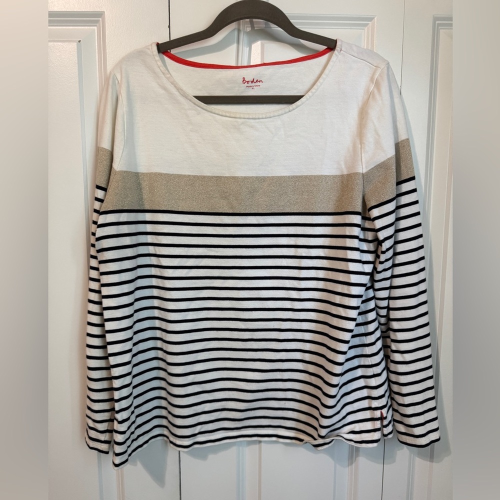 Boden Women's Long Sleeve Top XL - Cream, Metallic Gold, and Black Stripes